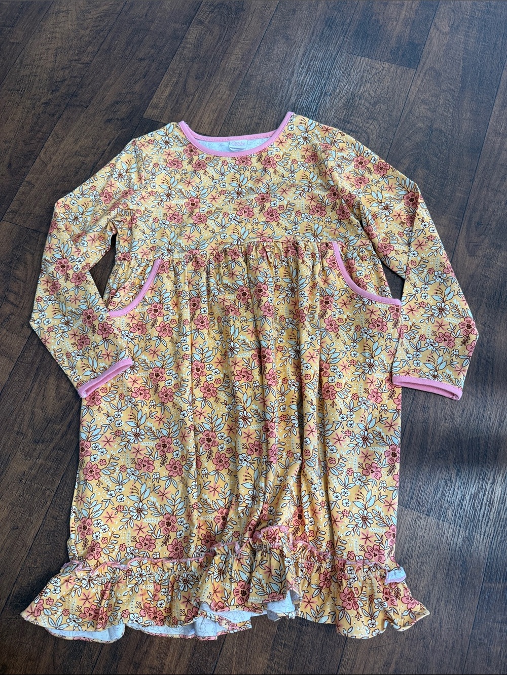 Kids Long Sleeve Fall Floral Dress - Yellow with Pink Trim